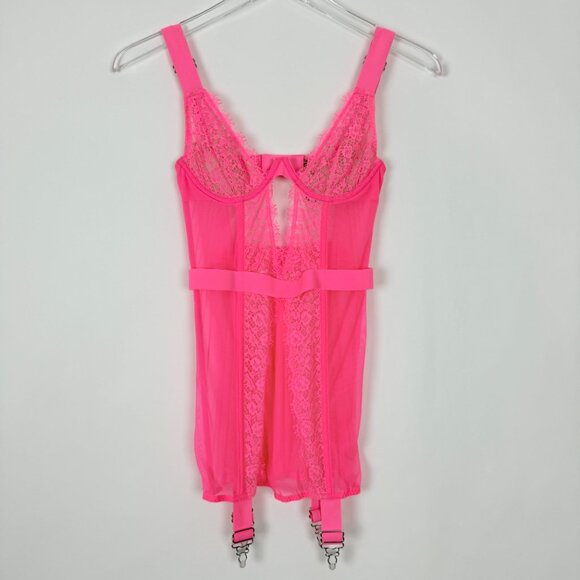 Victoria's Secret Garter Slip Women's Size 34B Neon Pink Lace Boned Corset Teddy - Picture 3 of 15